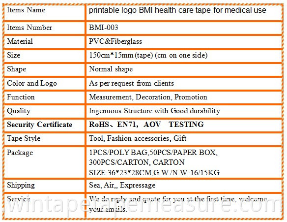 Calculadora de bmi de regalos médicos de 60 pulgadas / 150 cm y calculadora de forma redonda con cinta métrica con nombres de empresas